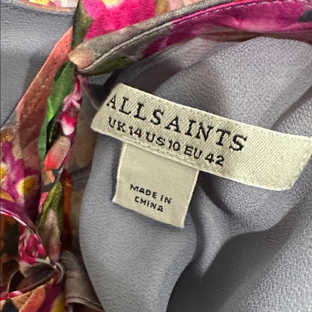 AllSaints Jemille Lucia Silk-Blend Mini Dress size 10 floral high neck sexy - Picture 10 of 12
